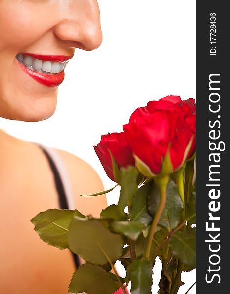 Beautiful caucasian woman with red roses on white isolated background. Beautiful caucasian woman with red roses on white isolated background