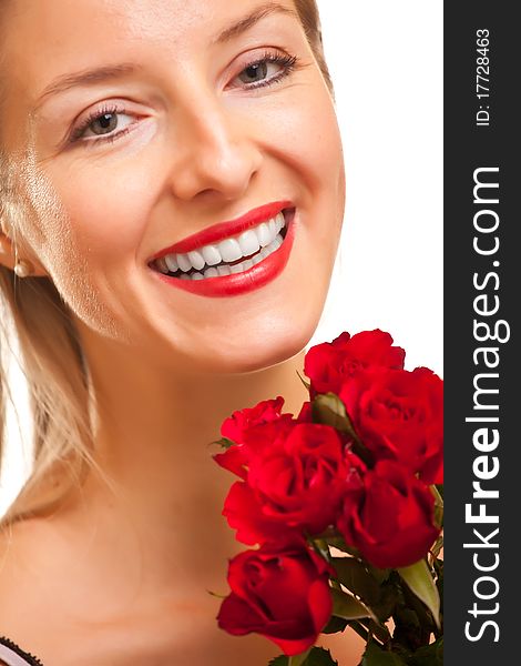 Beautiful caucasian woman with red roses on white isolated background. Beautiful caucasian woman with red roses on white isolated background