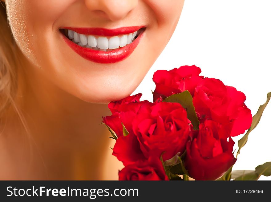 Beautiful Caucasian Woman With Red Roses Isolated