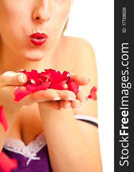 Beautiful caucasian woman with red roses on white isolated background. Beautiful caucasian woman with red roses on white isolated background