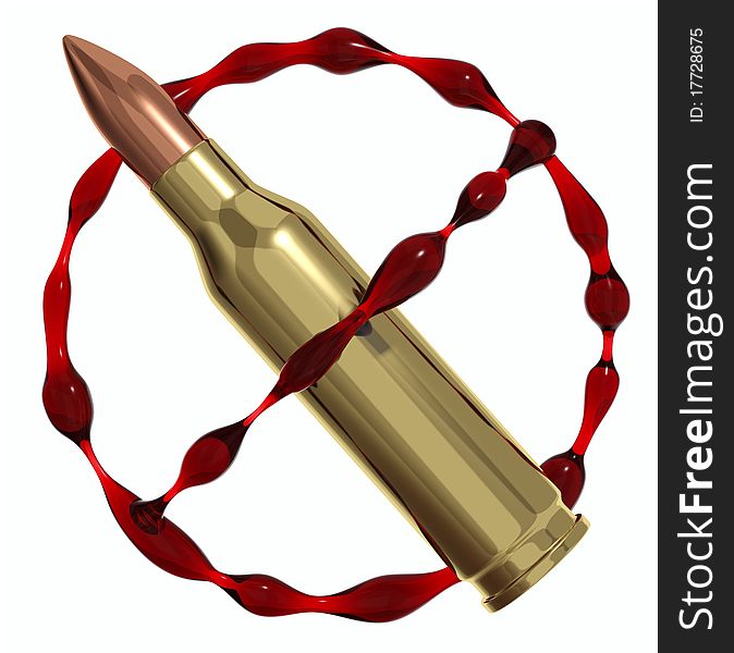 Anti war symbol created of bullet and blood. Against killing icon. 3d render