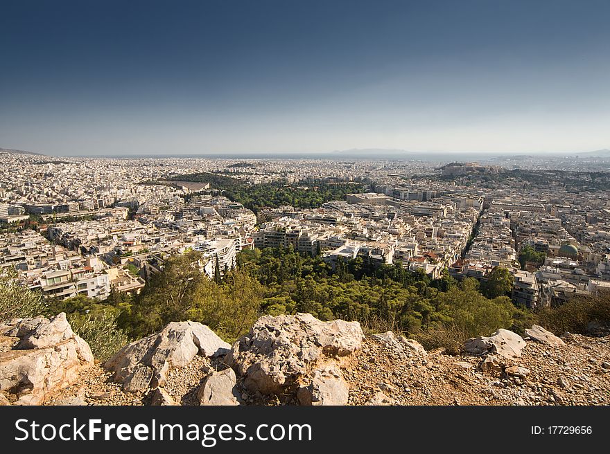 View of Athens from a mountain top in a beautiful summer day