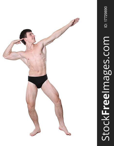 The young body builder poses with greater muscles on a white background. The young body builder poses with greater muscles on a white background