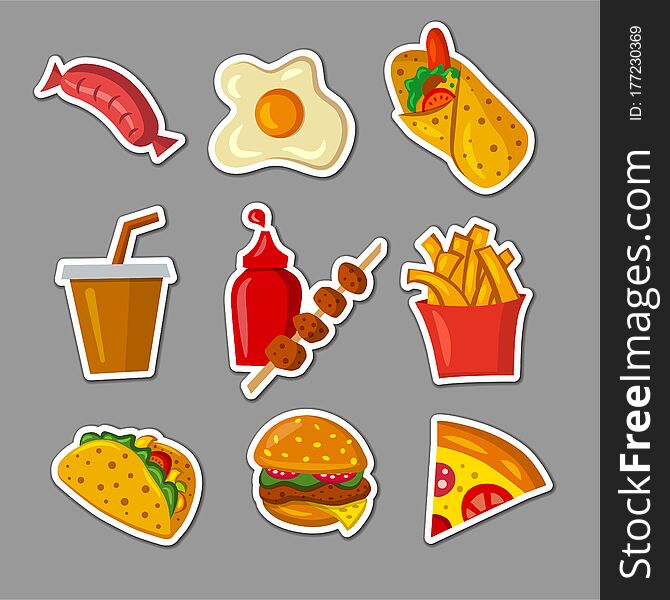 Illustration of the cartoon stickers set of the fast food meals. Illustration of the cartoon stickers set of the fast food meals