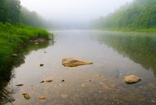 Mountain River And Forest In Fog At Dawn Stock Images