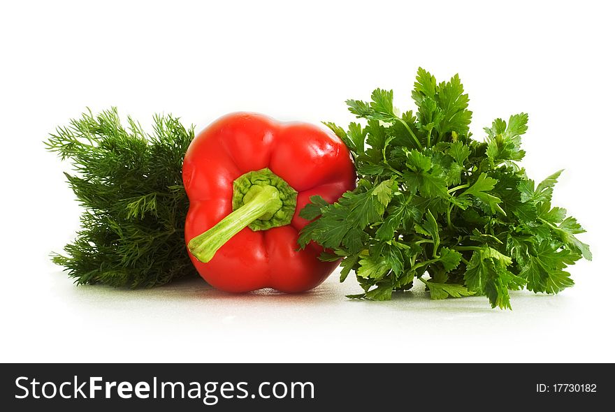 Bulgarian pepper, dill, parsley, white background