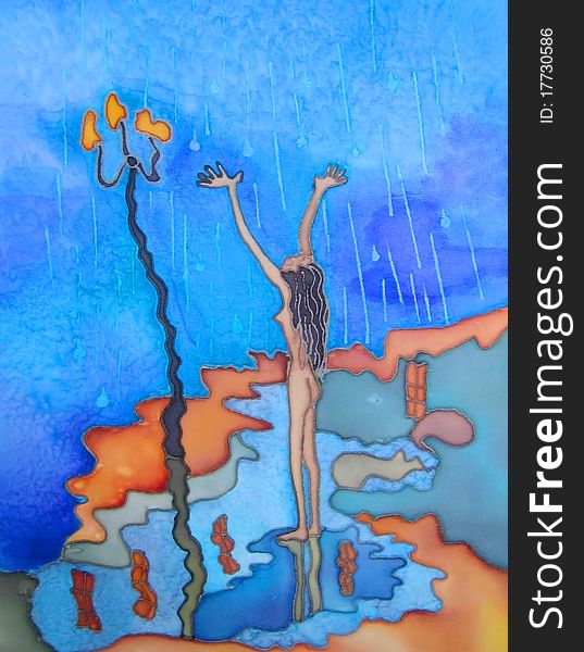 Girl is standing in the rain. Abstract painting.