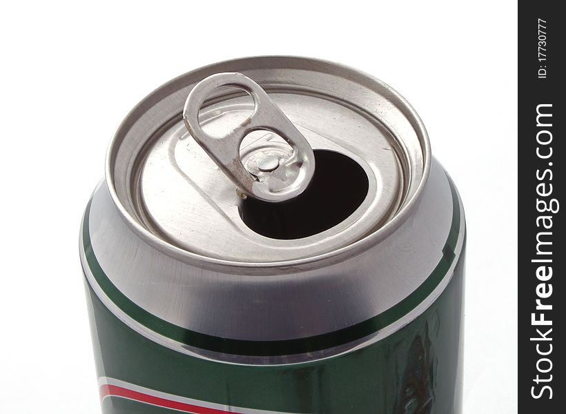 Top of an open drink can over a white background .