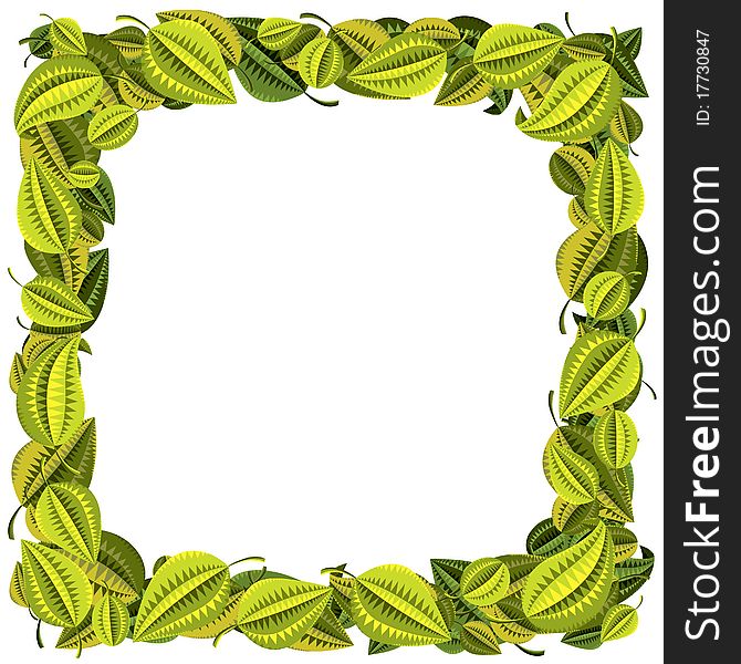 Accurate square frame of green and yellow leaves, ornamental background for design