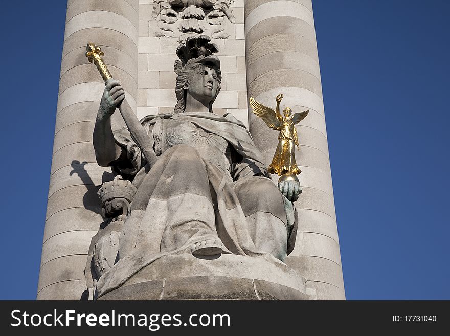 Close up of Monument at the Entrance of Alexandre III Bridge, Paris, France