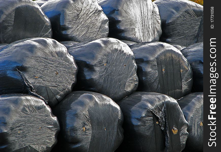Plastic wrapped straw bales