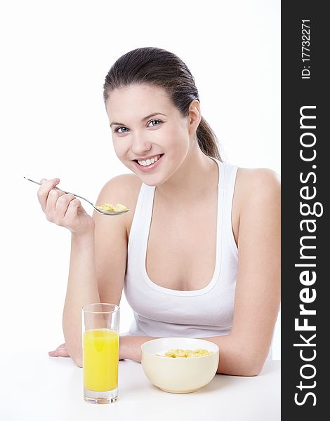 Attractive young woman lunching on white background. Attractive young woman lunching on white background