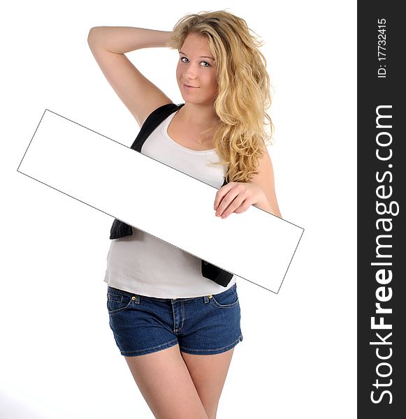 Blond teen girl with white empty card. Isolate taken in studio. Blond teen girl with white empty card. Isolate taken in studio