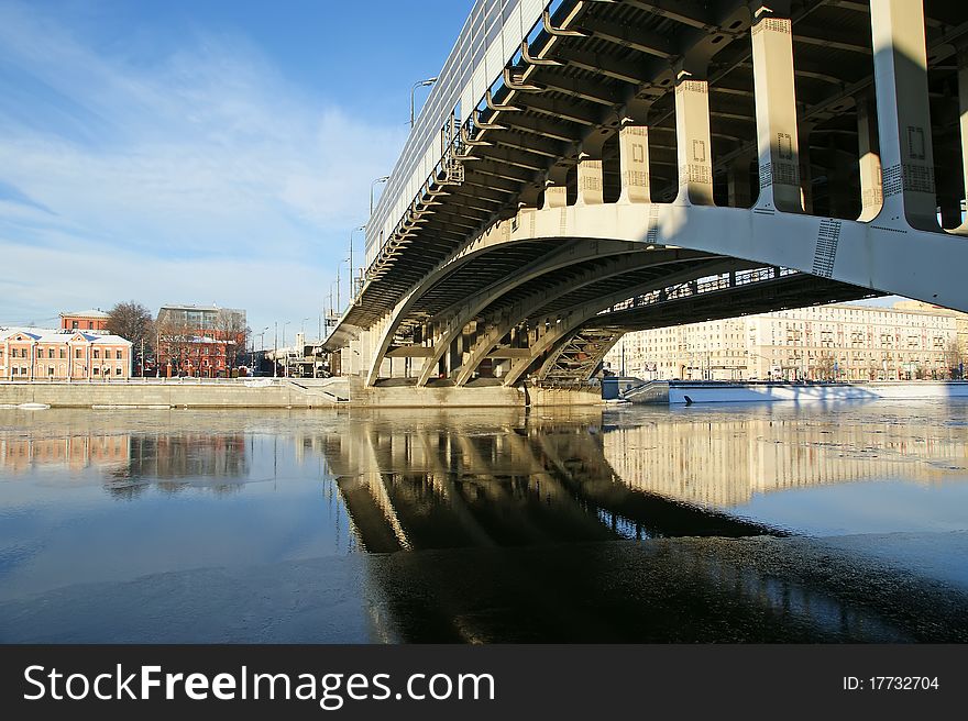 Moscow River, Andreyevsky Bridge and promenade on a clear winter day. Moscow, Russia