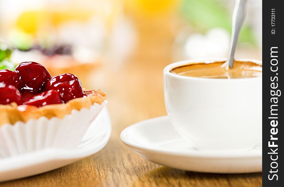 Dessert made of fruit and coffee cup. Dessert made of fruit and coffee cup