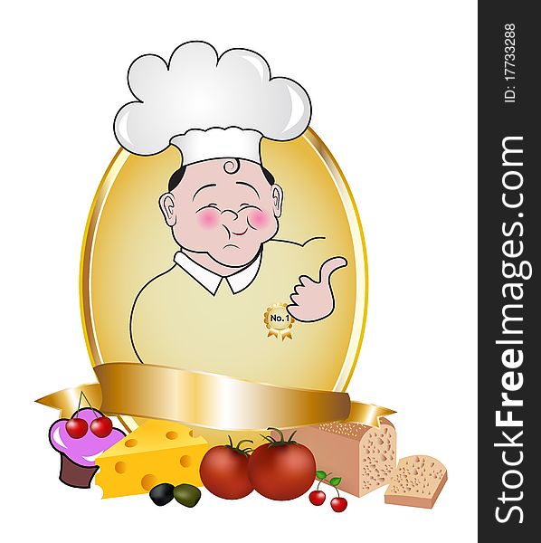 Royal label with chef. Isolated white background. Golden details.