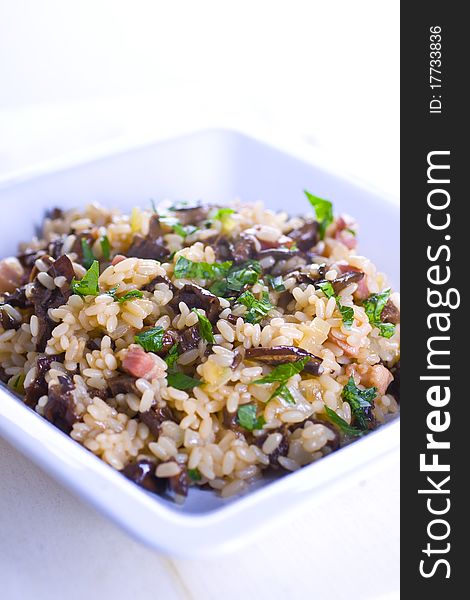 Risotto with mushrooms on white background