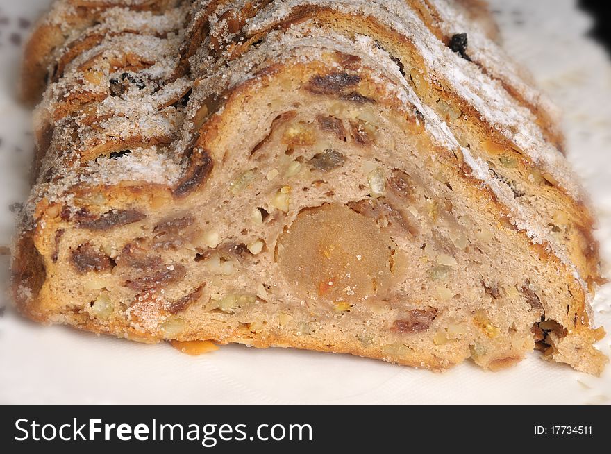 Macro from a Raisins Stollen with marzipan