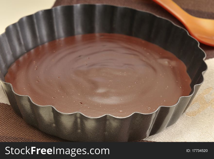 Chocolate dessert in a dish on a table