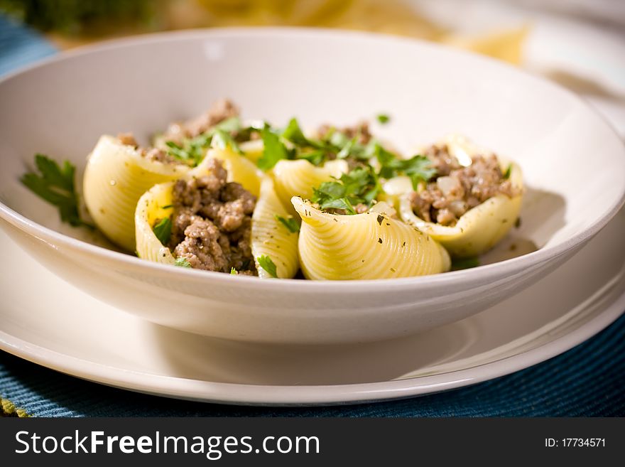 Delicious dinner shell pasta bolognese