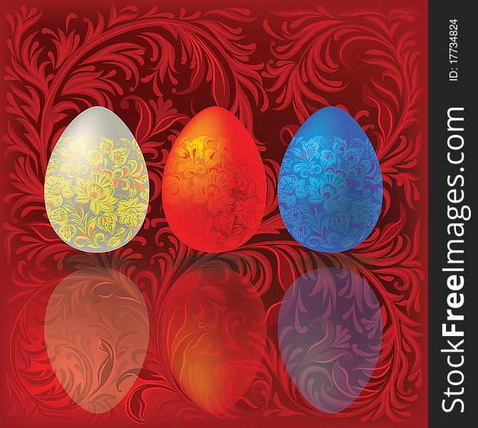 Easter eggs on a red floral ornament