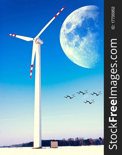 Wind turbines on green field. Alternative source of energy. Wind turbines on green field. Alternative source of energy
