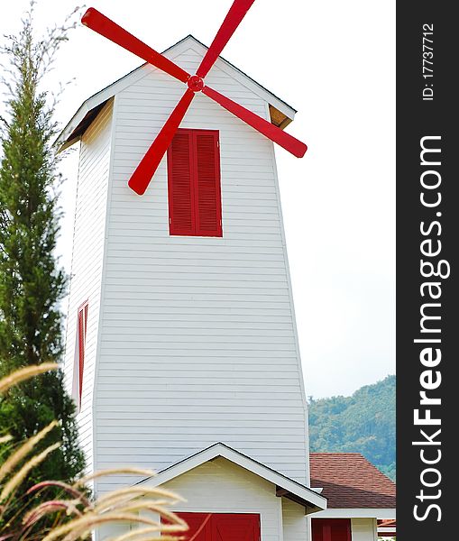 Red windmill in thailand country