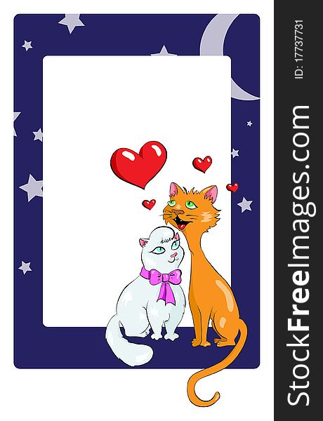 Two cats and the hearts, in the star sky framework. Two cats and the hearts, in the star sky framework