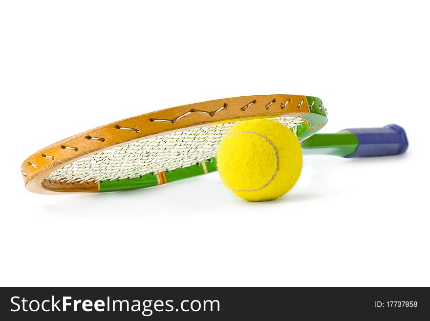 Tennis racket and ball isolated on white background