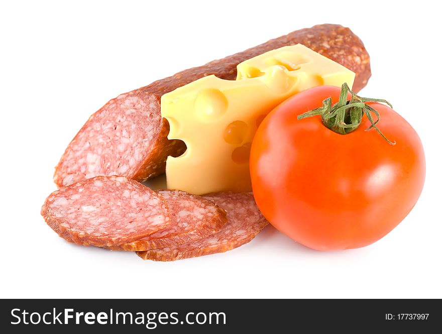 Cheese, tomato and sausage isolated on white background