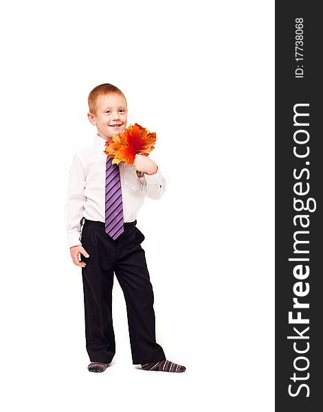 Boy   with autumn leaves on a white background