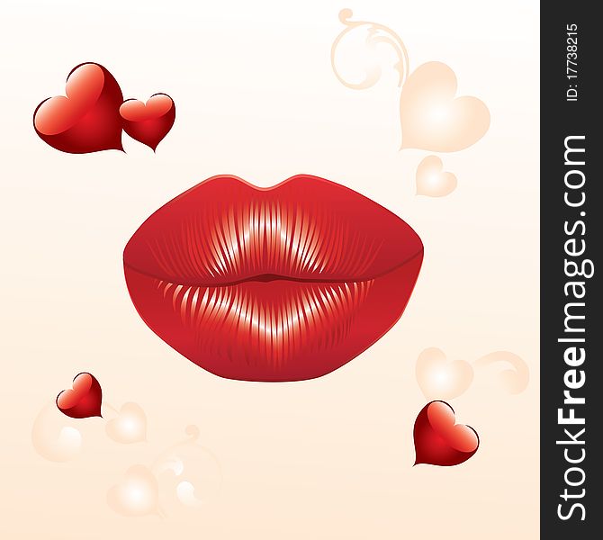 Background Valentine's Day with red lips and hearts.