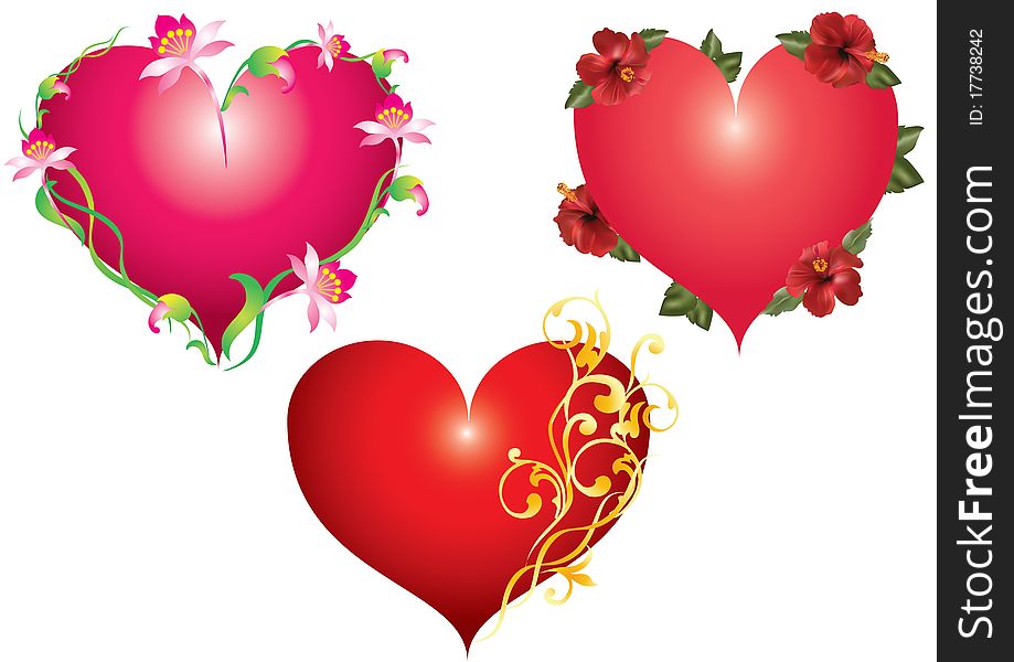 Three red abstract heart with flowers and ornaments. Three red abstract heart with flowers and ornaments.