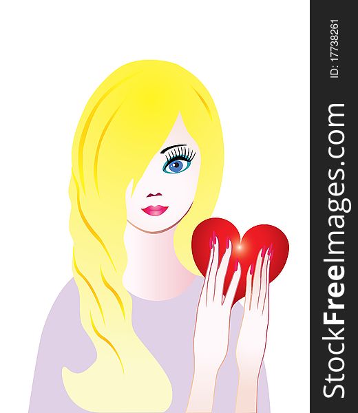 Beautiful girl and red heart on a white background. Beautiful girl and red heart on a white background