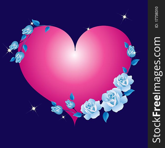 Abstract heart framed with blue roses on a blue background. Abstract heart framed with blue roses on a blue background.