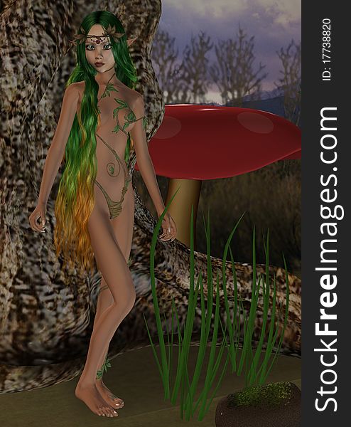 A Beautiful Fairy Elf with long red hair standing in the grass front of a large tree and a deep red mushroom with moody sky's. A Beautiful Fairy Elf with long red hair standing in the grass front of a large tree and a deep red mushroom with moody sky's