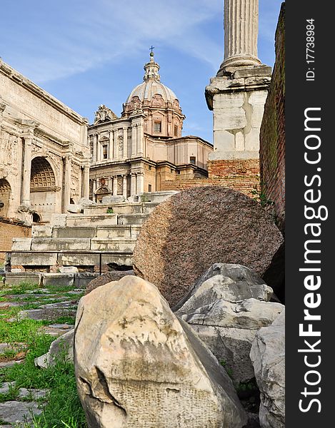 View of San Pietro in Carcere Church from Roman Forum, ancient roman ruins in Rome, Italy. View of San Pietro in Carcere Church from Roman Forum, ancient roman ruins in Rome, Italy.