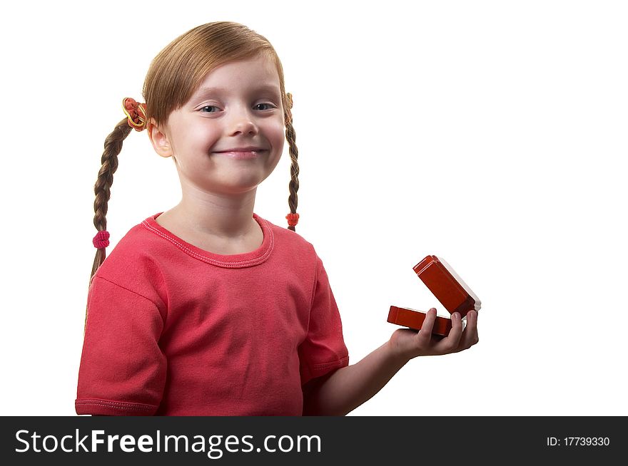 Wondering funny little girl with opened present box isolated over white background. Wondering funny little girl with opened present box isolated over white background