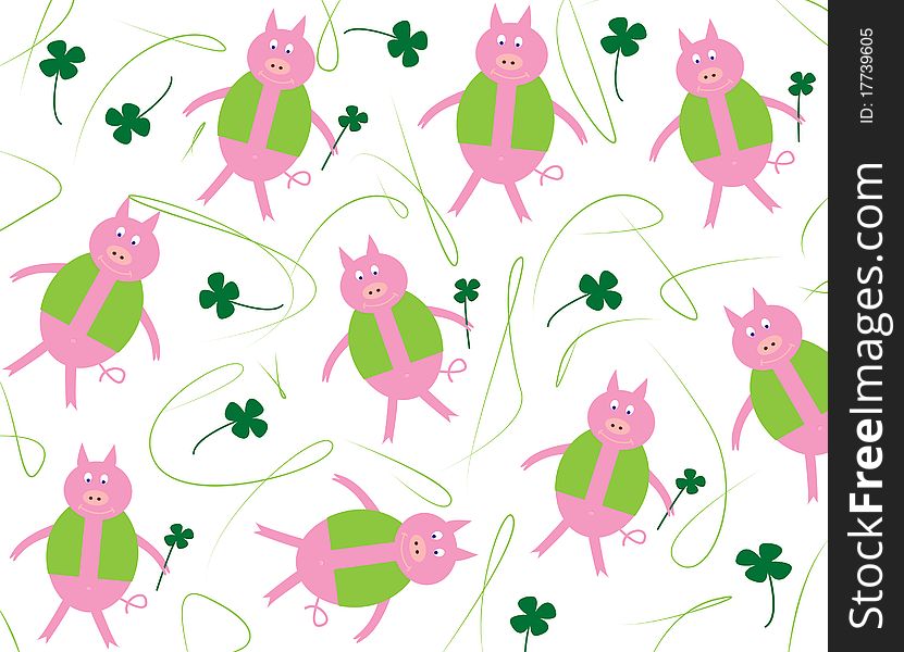 Pig and four-leaf clover as a background