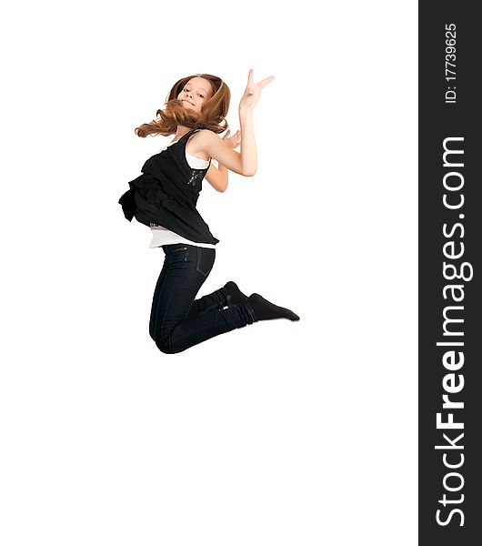Little girl jumps on a white background