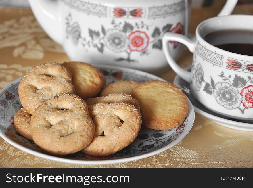 Cup of tea with sweet cookies. Cup of tea with sweet cookies