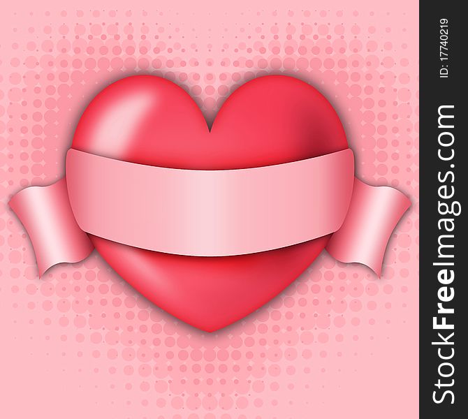 Illustration of red heart with a ribbon for inscription on an abstract background