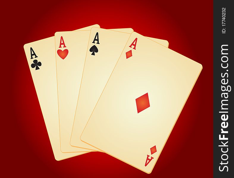 Four aces on red background.  illustration. Four aces on red background.  illustration