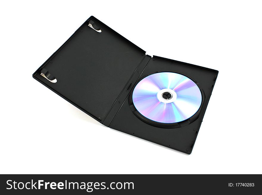 Black box with writable DVD disc inside isolated on white background.