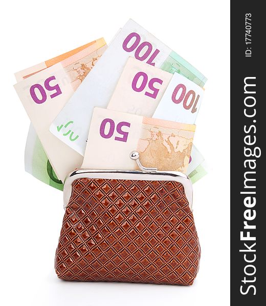 Euro money in open purse, isolated on white. Euro money in open purse, isolated on white