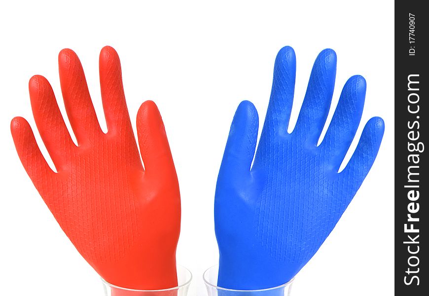 Red and blue gloves isolated on white background