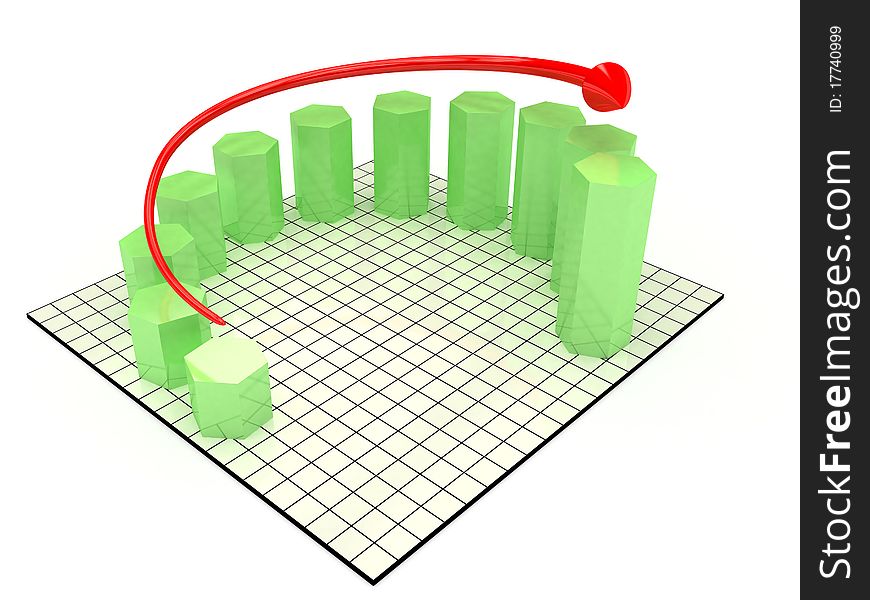 The graph of growth of the green hexagonal cylinders and red arrows stand in the mirror box on the white surface â„–2. The graph of growth of the green hexagonal cylinders and red arrows stand in the mirror box on the white surface â„–2