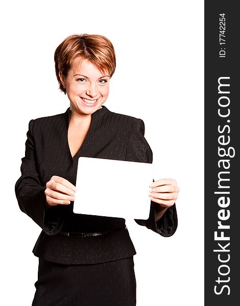 Beautiful business woman with empty card