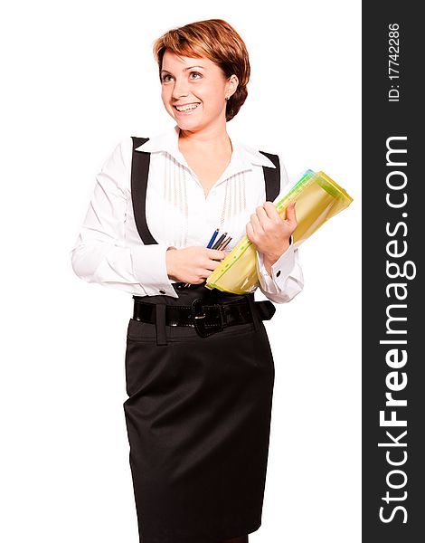 Beautiful business woman standing on white background