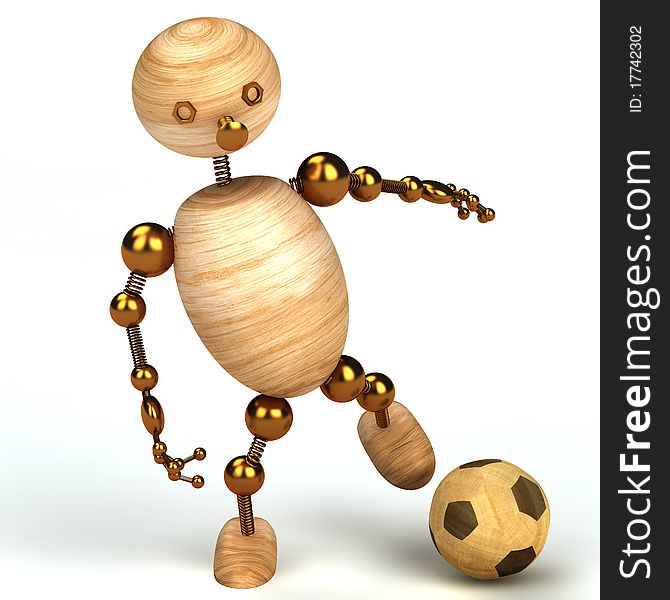 Wood man with a football 3d rendered for web